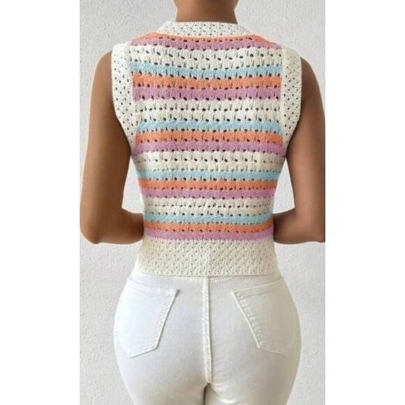 Multicolor Contrast Stripe Hollow Out Sleeveless Knitted Top - Picture 3 of 5